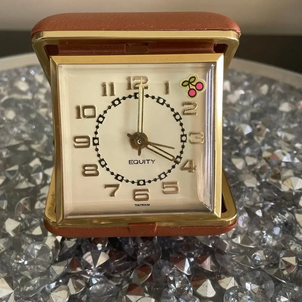 Vintage old Taiwan Equity Folding Travel Alarm Clock Illuminated Hands Wind Up